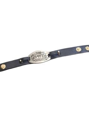 Black Faux Leather Bracelet Silver Plate